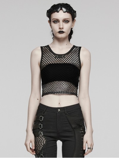 Punk Rave Black Gothic Punk Tie-Dyed Mesh Tank Top for Women