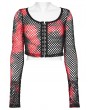 Punk Rave Black and Red Gothic Punk Tie-Dyed Mesh Long Sleeve Short T-Shirt for Women