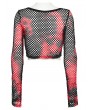 Punk Rave Black and Red Gothic Punk Tie-Dyed Mesh Long Sleeve Short T-Shirt for Women