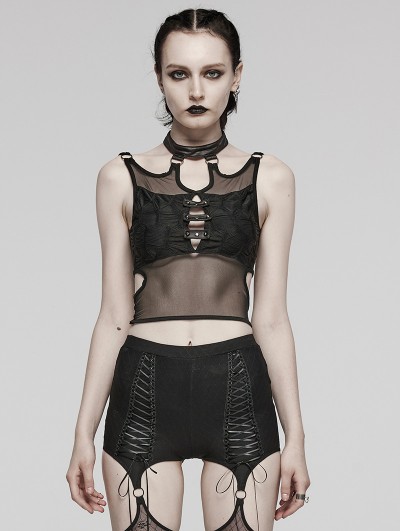 Punk Rave Black Gothic Punk Stud Textured Perspective Vest Top for Women