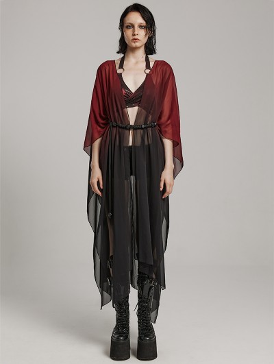 Punk Rave Black and Red Gothic Loose Long Chiffon Shawl Sunscreen Shirt for Women