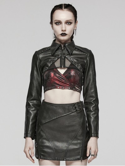 Punk Rave Black Gothic Punk Spiked PU Leather Short Jacket for Women