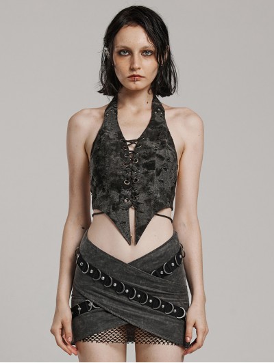 Punk Rave Dark Gray Punk Gothic Textured Halter Lace-Up Vest for Women