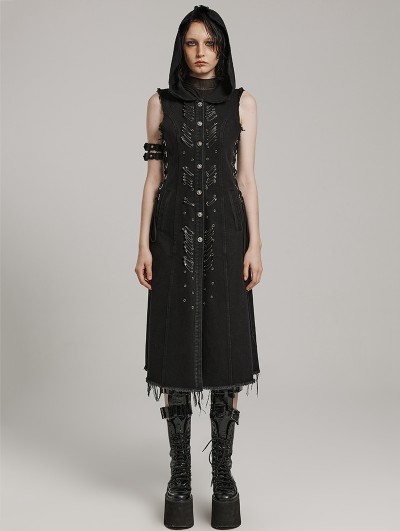 Punk Rave Black Gothic Punk Decayed Pins Hooded Long Vest for Women