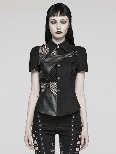 Punk Rave Black Gothic Punk Asymmetrical Mesh Split Short Sleeve Shirt for Women