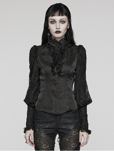 Punk Rave Black Gothic Gorgeous Retro Ruffle Lantern Sleeve Shirt for Women