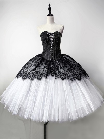 Rose Blooming Black and White Gothic Lace TuTu Style Corset Mid-Length Prom Party Dress