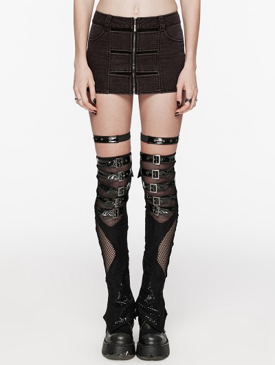 Punk Rave Brown Gothic Punk Mesh Hollow Out Denim Zip Front Mini Skirt