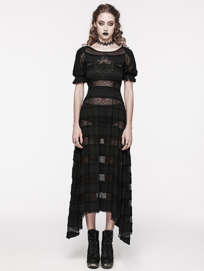 Punk Rave Black Daily Gothic Hollow Out Lace Applique Irregular Long Sexy Dress