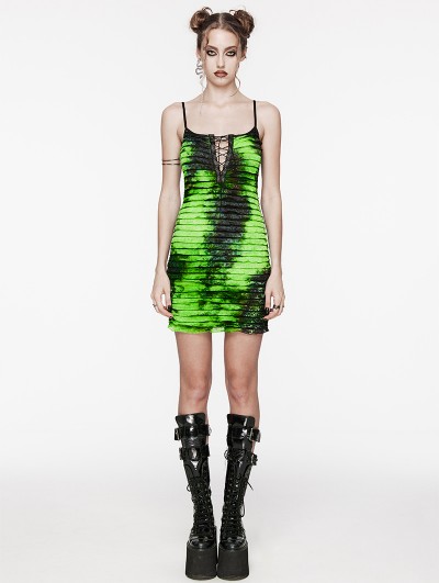 Punk Rave Black and Green Gothic Tie Dyed Punk Slim Fit Short Dress