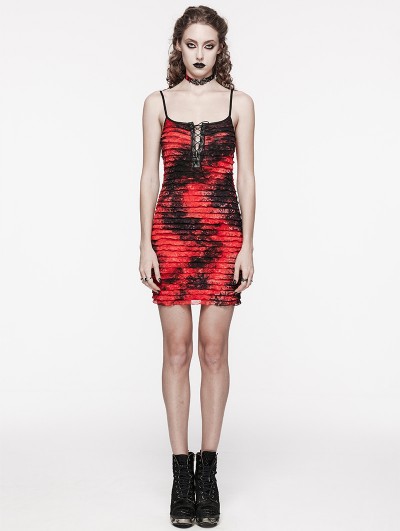 Punk Rave Black and Red Gothic Tie Dyed Textured Punk Slim Fit Short Dress