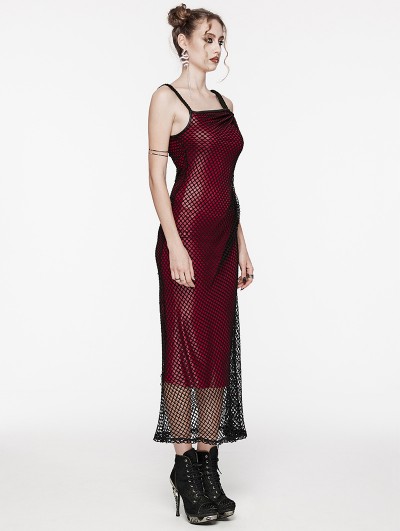 Punk Rave Black and Red Gothic Daily Asymmetric Strap Mesh Overlay Long  Slip Dress - DarkinCloset.com