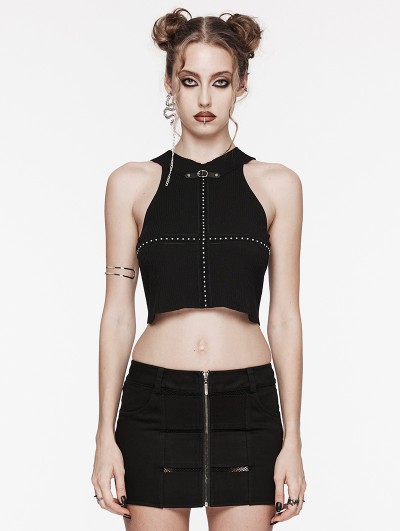 Punk Rave Black Gothic Punk Studded Casual Knitted Fit Vest Top for Women