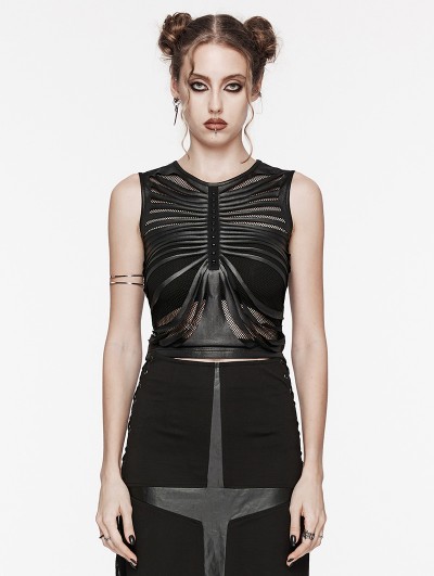 Punk Rave Black Gothic Punk Mesh Perspective Fitted Sleeveless Top for Women