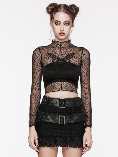 Punk Rave Black Gothic Sexy Butterfly Embroidery Daily Long Sleeve T-Shirt for Women