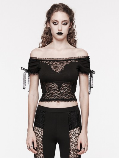 Punk Rave Black Gothic Off-the-Shoulder Sexy Lace Splicing Top for Women