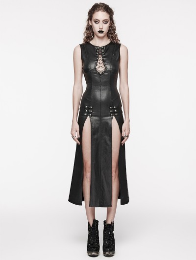 Punk Rave Black Gothic Punk Patent Leather Slit Sleeveless Long Slim Sexy Dress