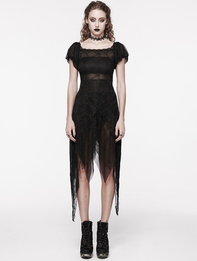 Punk Rave Black Gothic Sweet Puff Sleeves Lace Irregular Hem Dress