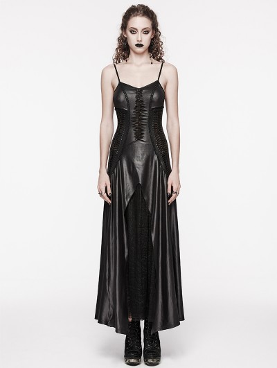 Punk Rave Black Gothic PU Leather Hollow-out Slip Sexy Maxi Dress