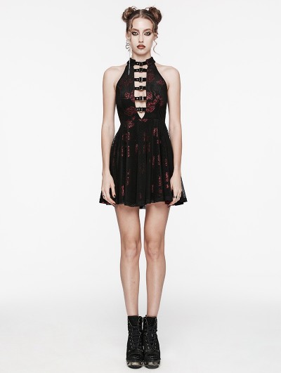 Punk Rave Black and Red Gothic Rose Print Sexy Deep V-neck Sleeveless Short Dress