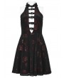 Punk Rave Black and Red Gothic Rose Print Sexy Deep V-neck Sleeveless Short Dress