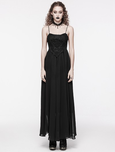 Punk Rave Black Gothic Gorgeous Chiffon Embroidery Long Slip Dress