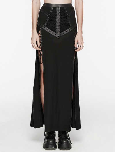 Punk Rave Black Gothic Punk Mesh Splicing Drawstring Slit Maxi Skirt