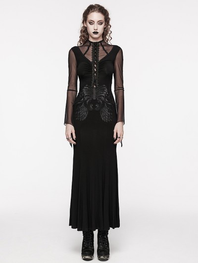 Punk Rave Black Gothic Lace Applique Mesh Long Sleeve Slim Fit Dress