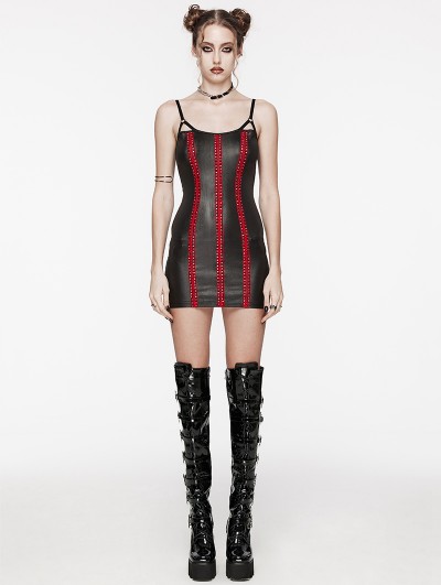 Punk Rave Black and Red Gothic Punk Rivet Webbing Sexy Slim Short Dress