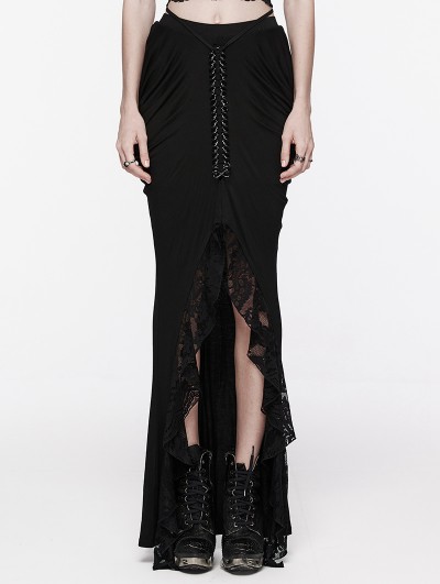 Punk Rave Black Gothic Front Split Lace Ruffled Long Skirt