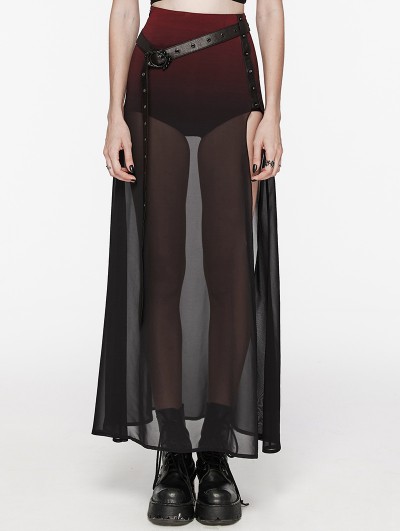 Punk Rave Black and Red Gothic Daily Chiffon Sheer High Slit Maxi Skirt