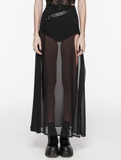 Punk Rave Black Gothic Daily Chiffon Sheer High Slit Maxi Skirt