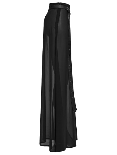 ●High School Disco● Fog Long Mesh Skirt_Black Goth Double Slit Maxi Skirt for Women Punk Black See Through