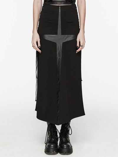 Punk Rave Black Gothic Punk Cross Splicing Eyelet Drawstring Long Skirt