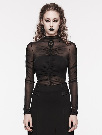 Punk Rave Black Gothic Skeleton Pleat Mesh Long Sleeve T-Shirt for Women