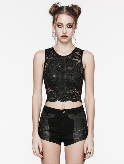 Punk Rave Black Gothic Daily Cross Embroidery Lace Tank Top for Women