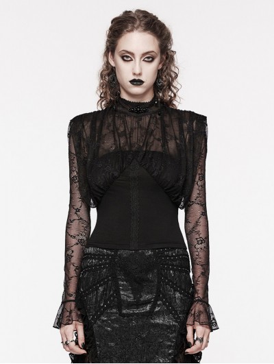 Punk Rave Black Gothic Retro Floral Lace Long Sleeves Shirt for Women