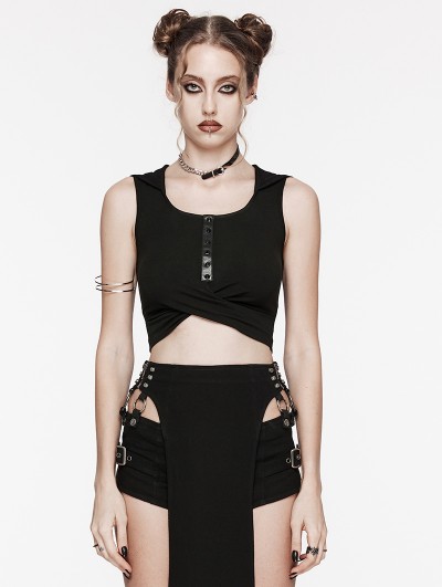 Punk Rave Black Gothic Wasteland Hooded Knit Crop Top for Women
