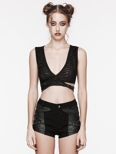 Punk Rave Black Gothic Punk Asymmetrical Overlapping Crop Top for Women