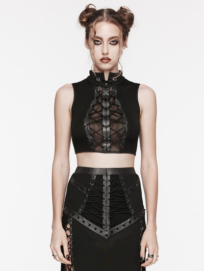 Punk Rave Black Gothic Punk Buckle Stand Collar Tie-Up Crop Top for Women