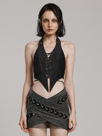 Punk Rave Black Punk Gothic Punk Halter Lace-Up Vest Top for Women