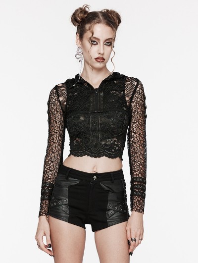 Punk Rave Black Gothic Punk Hooded Ripped Mesh Short Jacket for Women