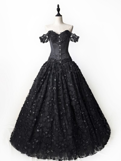 Rose Blooming Black Romantic Gothic Floral Beading Lace Tulle Wedding Prom Dress