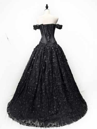 Rose Blooming Black Romantic Gothic Floral Beading Lace Tulle Wedding Prom  Dress - DarkinCloset.com