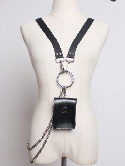 Black Gothic Punk Leather Buckle Chain Belt Harness with Detachable Bag