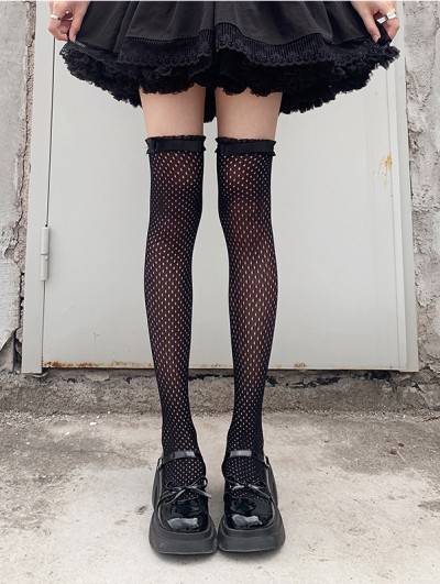 Black Gothic Pattern Bow Embellished Over-the-Knee Socks