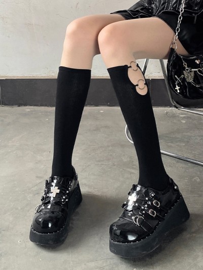 Black Gothic Punk Opaque Hollow Out O-Ring Knee Socks