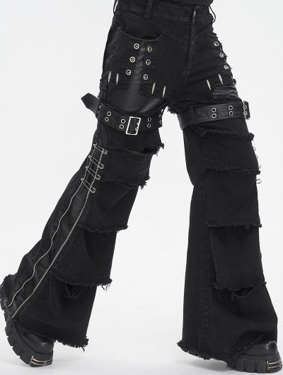 Devil Fashion Black Gothic Punk Distressed Zipper Slit Wide