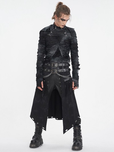 Devil Fashion Black Gothic Punk Leather Tasseled Open Front Skirt