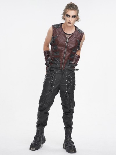 Devil Fashion Wine Red Gothic Punk Spiked Faux Leather Zip-Up
